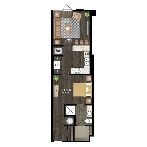 Floor plan for studio, 1 bath, 670 sqft